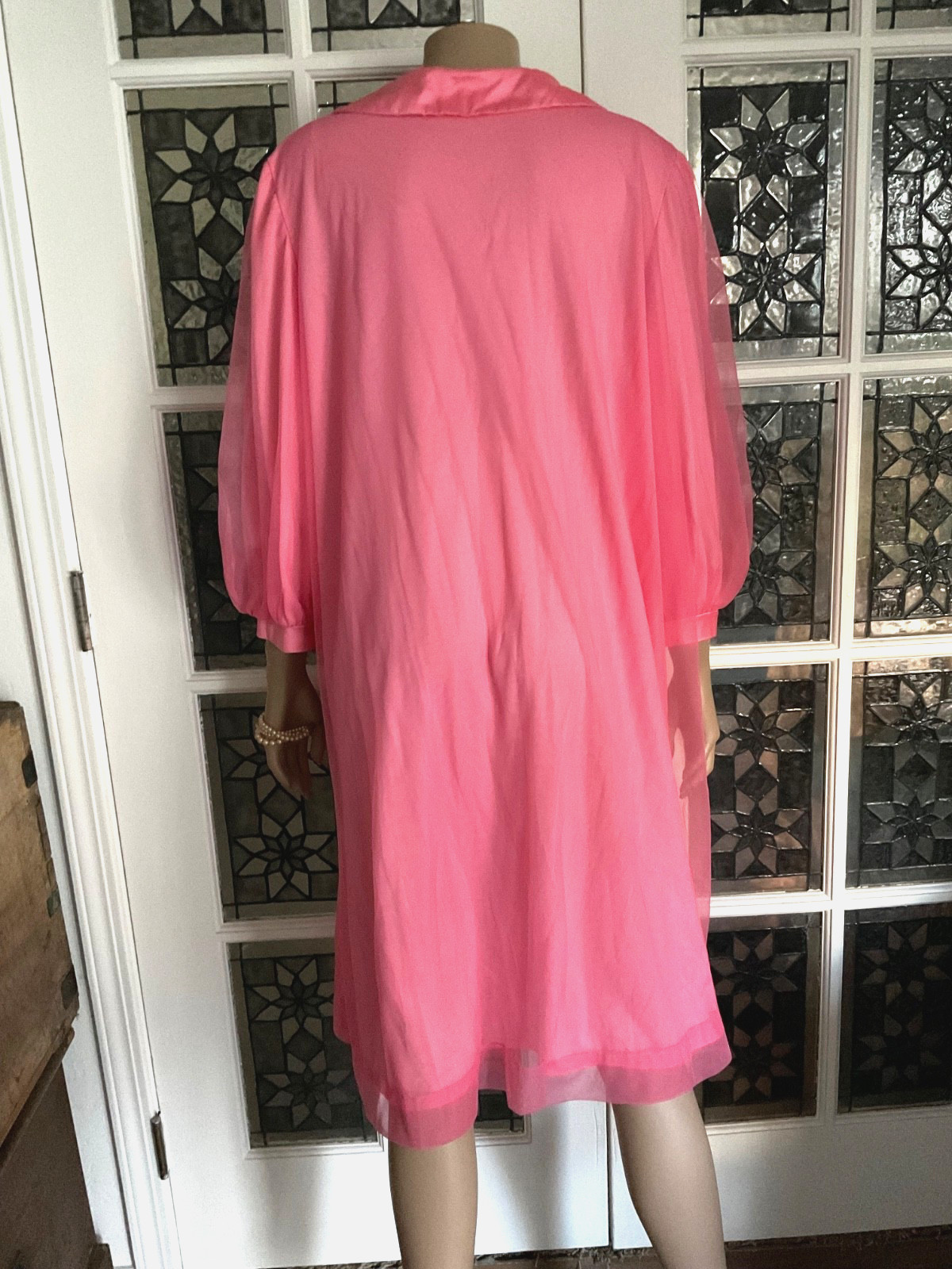 Vintage Robe Dressing Gown Double Layer Sheer Pink Nylon Chiffon Peignoir Robe M
