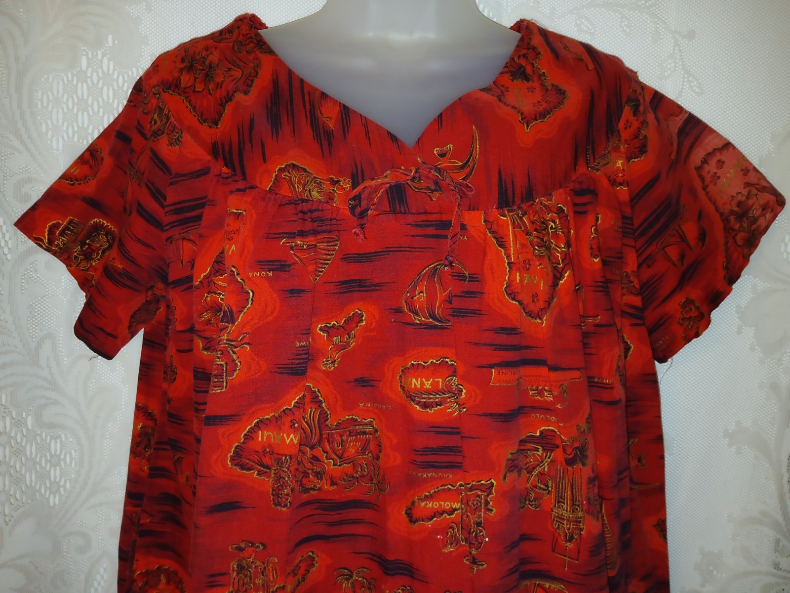 Vintage 70s Hawaiian Modes Red Island Cotton Muumuu Caftan Tiki Oasis Dress S