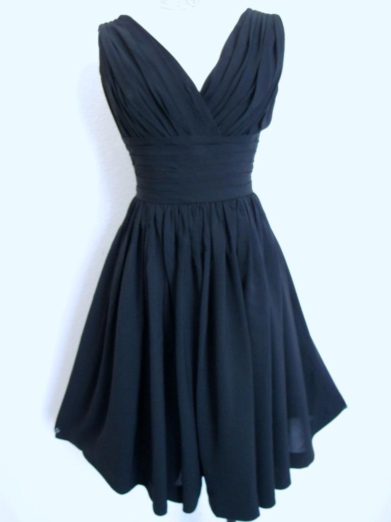 Vintage 50s Miss Elliette Black Cocktail Dress XS Bombshell Ruched Full Skirt