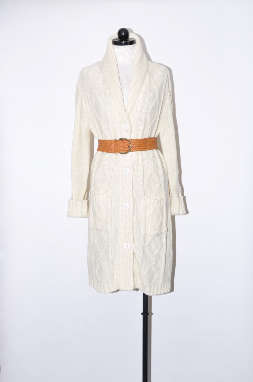 70s Cream Fisherman Cable Knit Shawl Duster Long Cardigan Sweater Coat Women M L