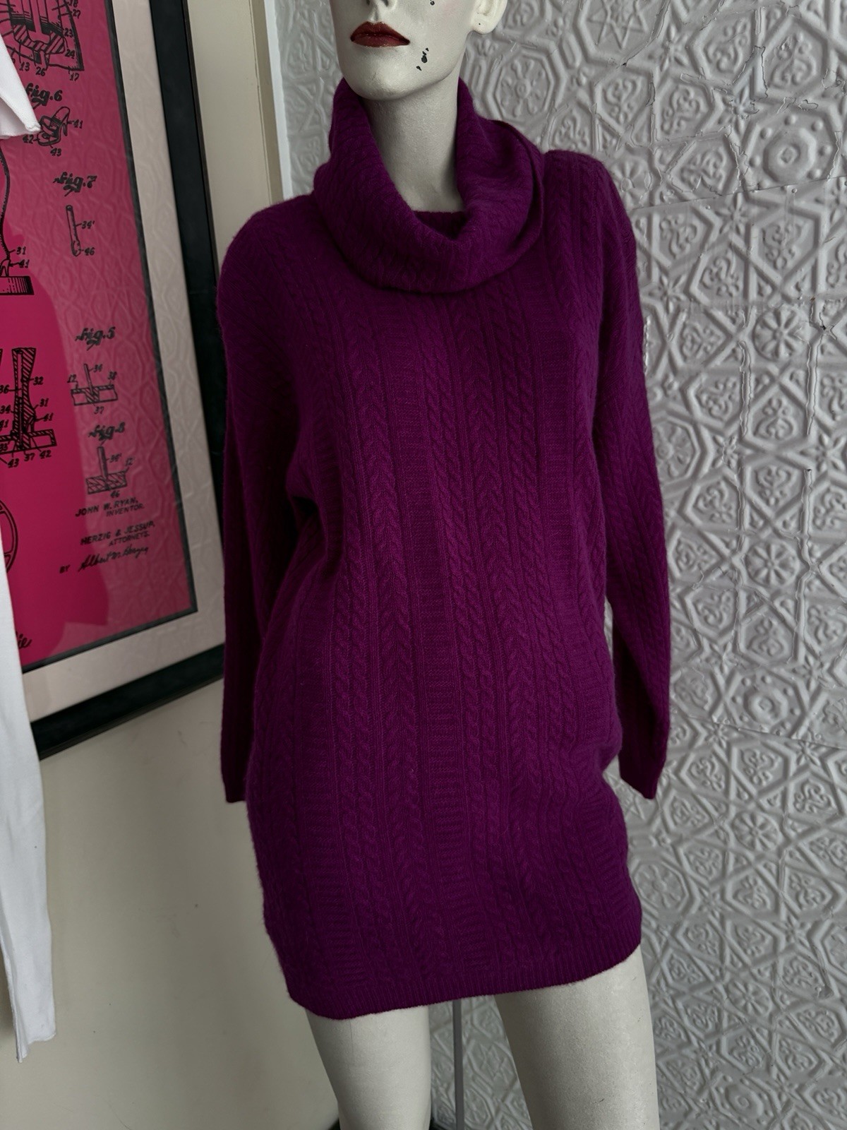 vintage sweater 1980s lambswool angora cable knit turtleneck pink M oversized