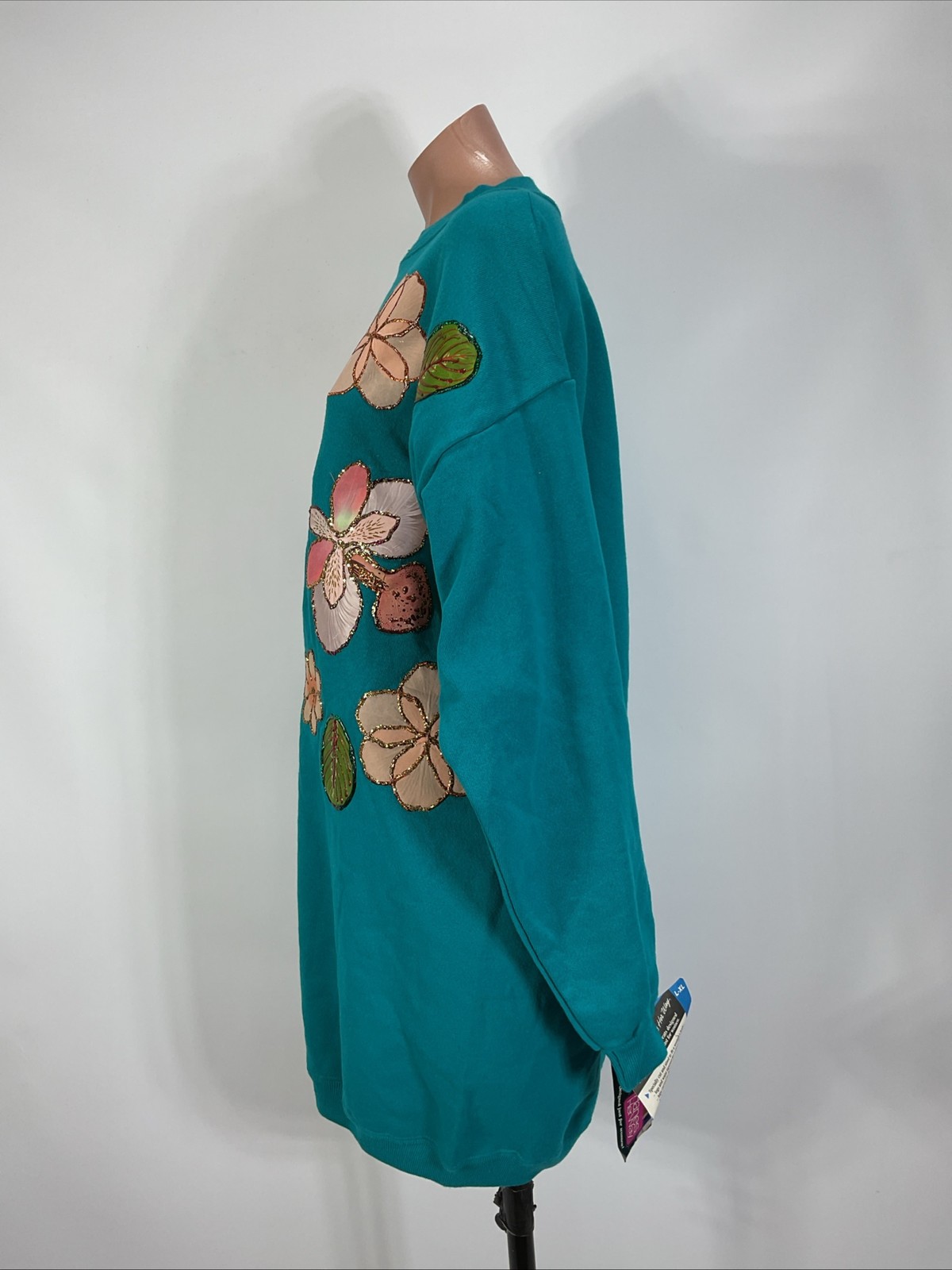 Vintage Hanes Her Way Sweatshirt Dress Floral Gold Accent Embellished Crewneck