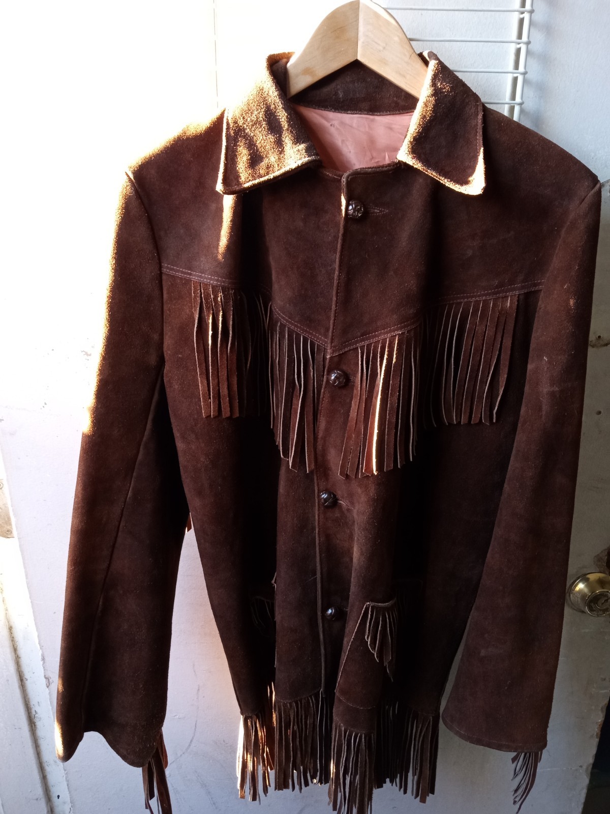 Vintage Hippie Large Fringe Coat Brown Suede Custom Made By Hand. Not Factory