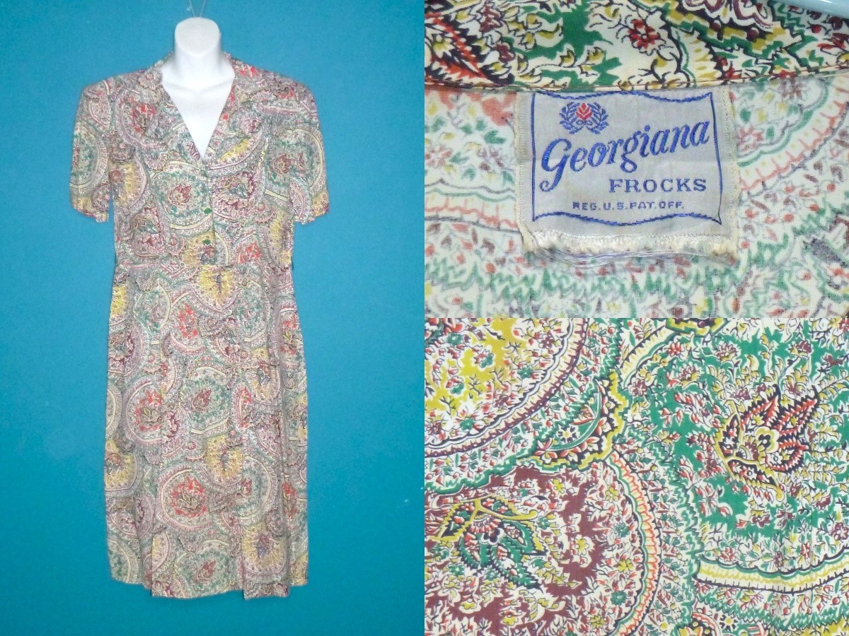 Vtg 40s 50s Georgiana Frocks Rayon Dress Paisley Green Red VOLUP Sz XL