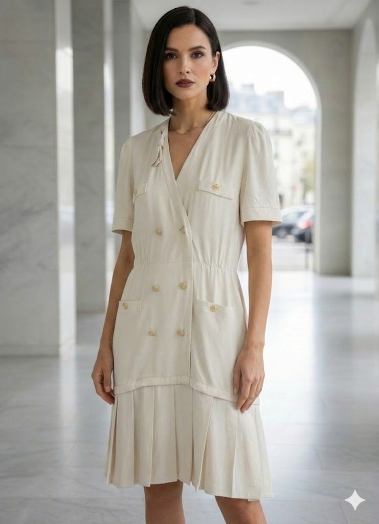 Vintage 90s Escada Silk Dress Cream Drop Waist Double Breasted Gold Button 42 12