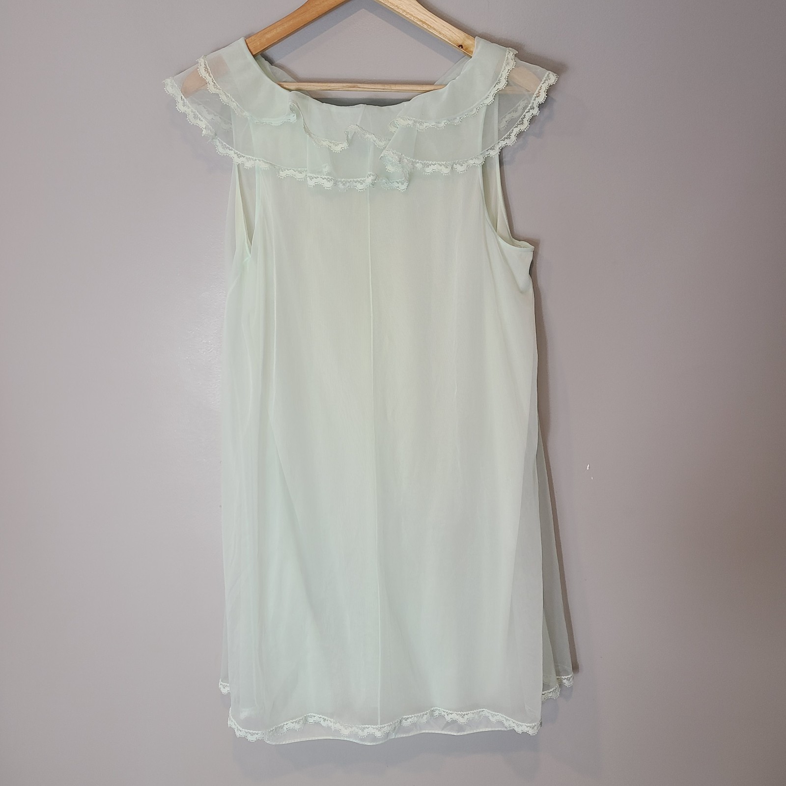 Vtg 50s Sheer Nylon Chiffon Babydoll Peignoir Dress Lace Sz Medium Dainty Green