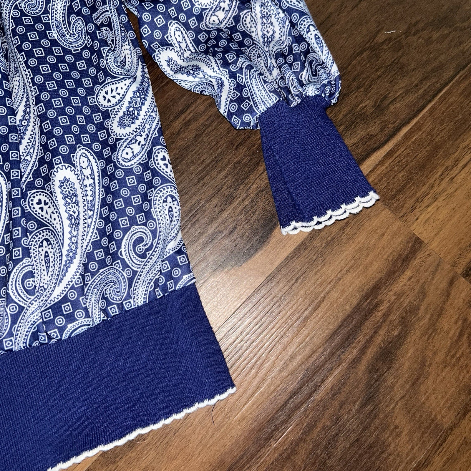VINTAGE Earth Angel Paisley Pleated Skirt & Blouse Set USA Made Blue White 16W