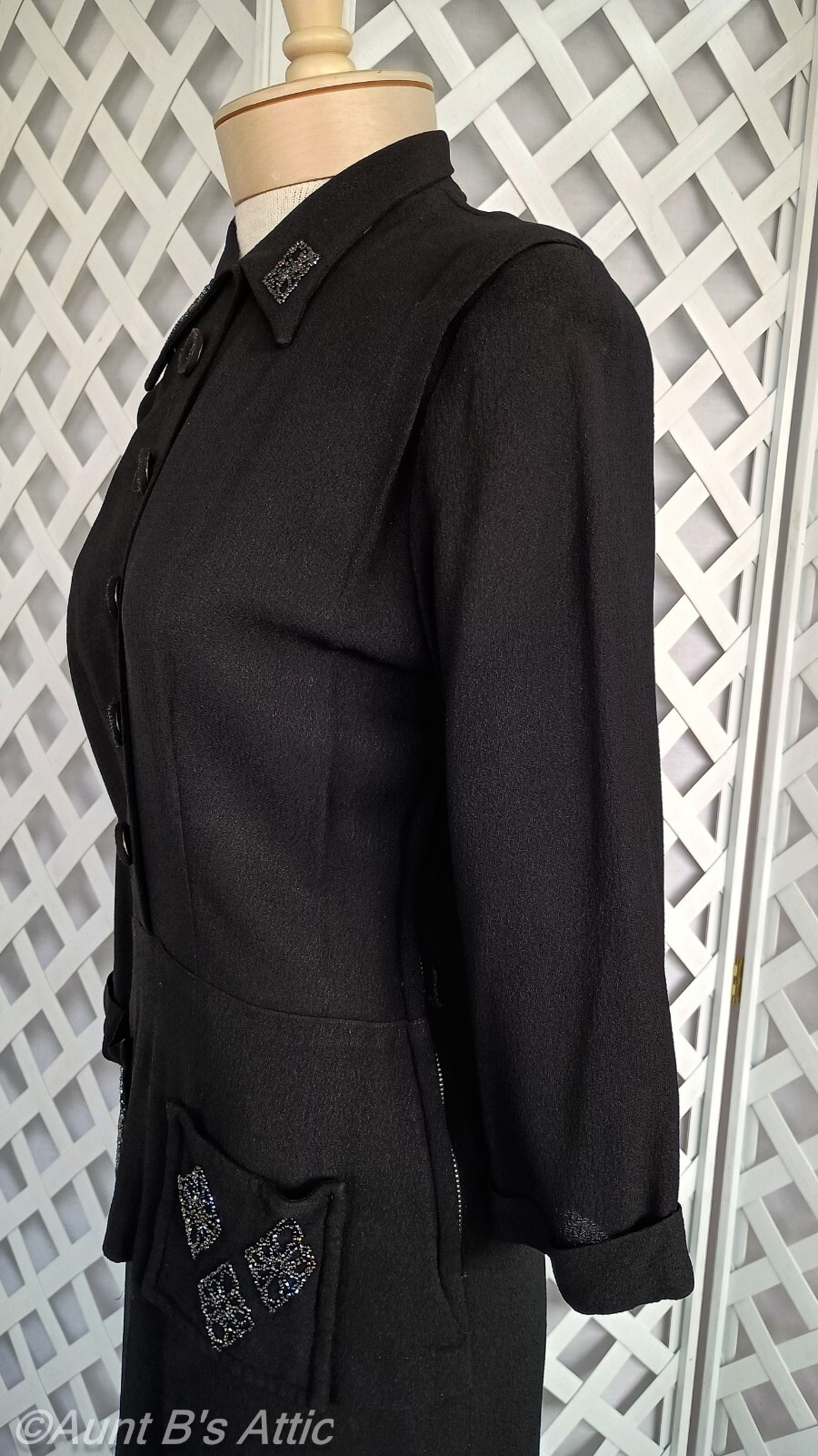 Vintage 40’s Black Textured Rayon Crepe W/ Bead Accent Pocketed Peplum Dress S/M
