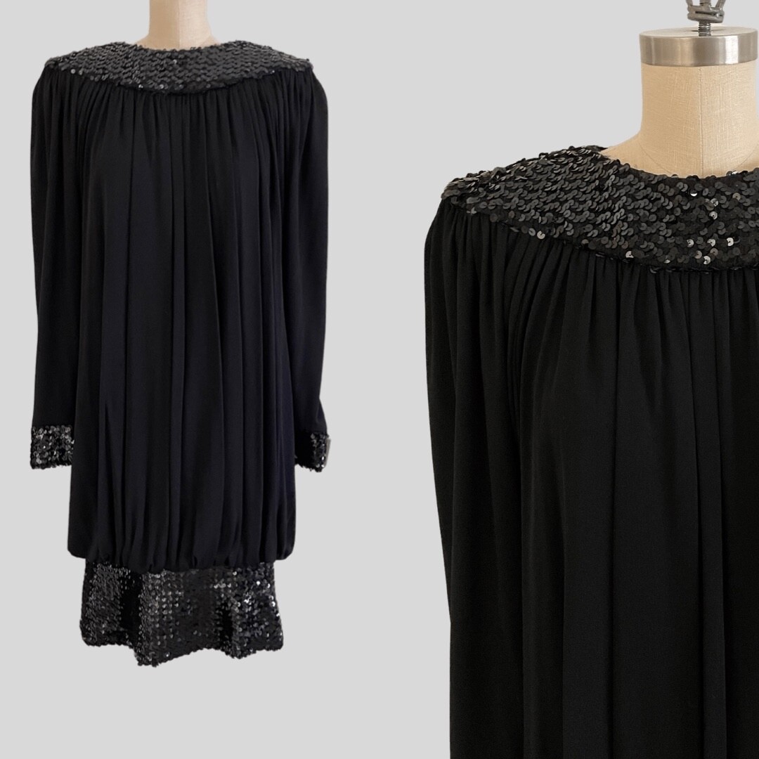 Vintage 1980s Jeanette for St. Martin Dress Black Sequin Draped