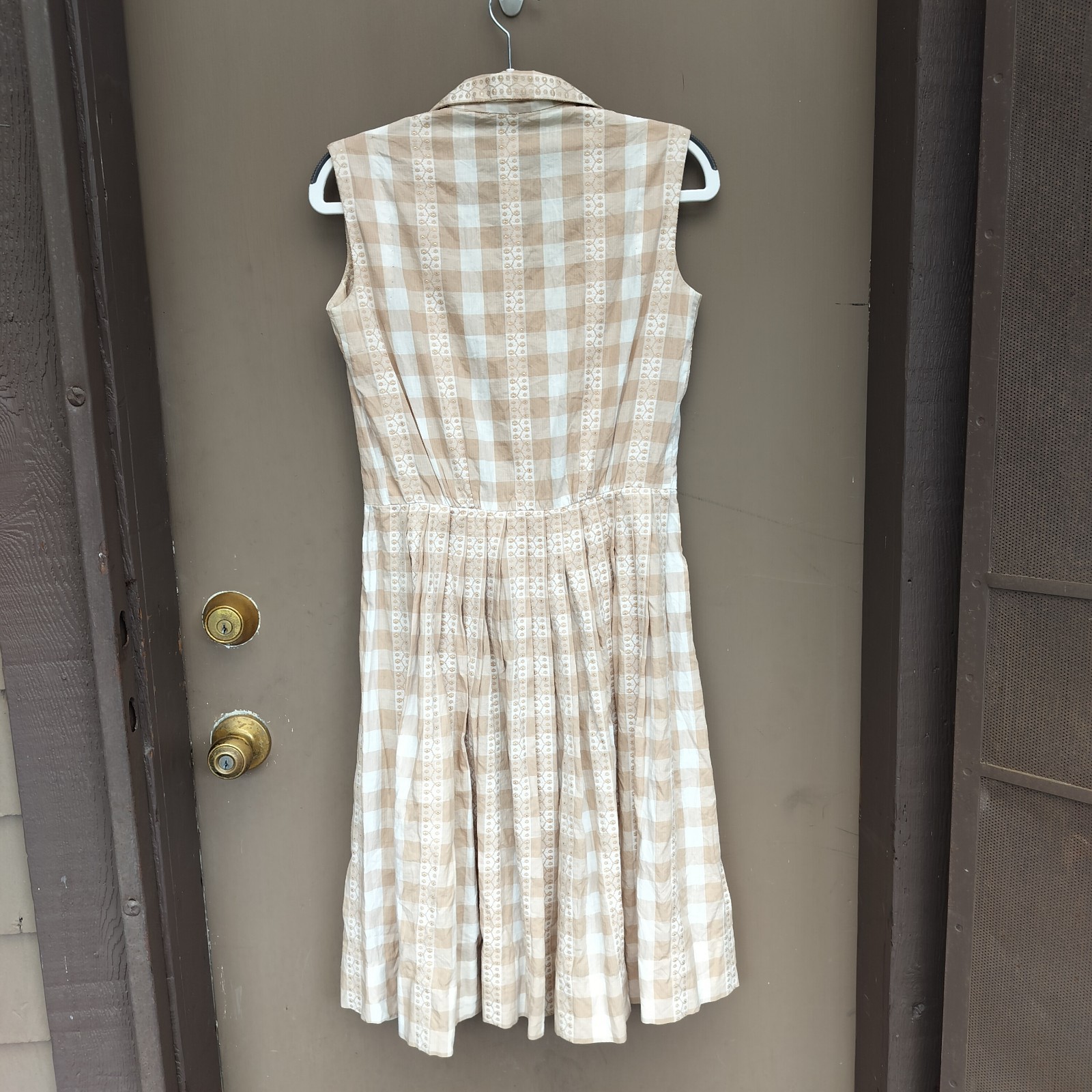 Vintage Serbin of Florida Classic Tan Checkered Shirt Dress Pleats Gold Accents