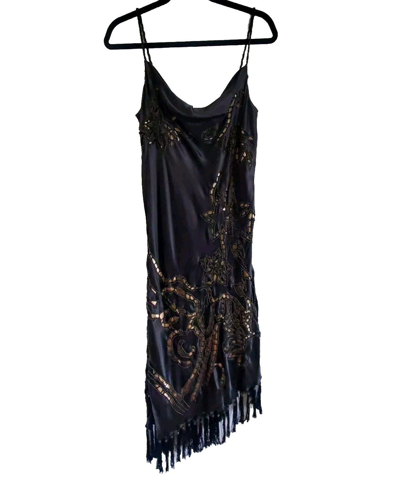 Vtg 90s Cache Fairy Grunge Sz 12 Dress Beaded Sequin Tasseled Spagetti Strap