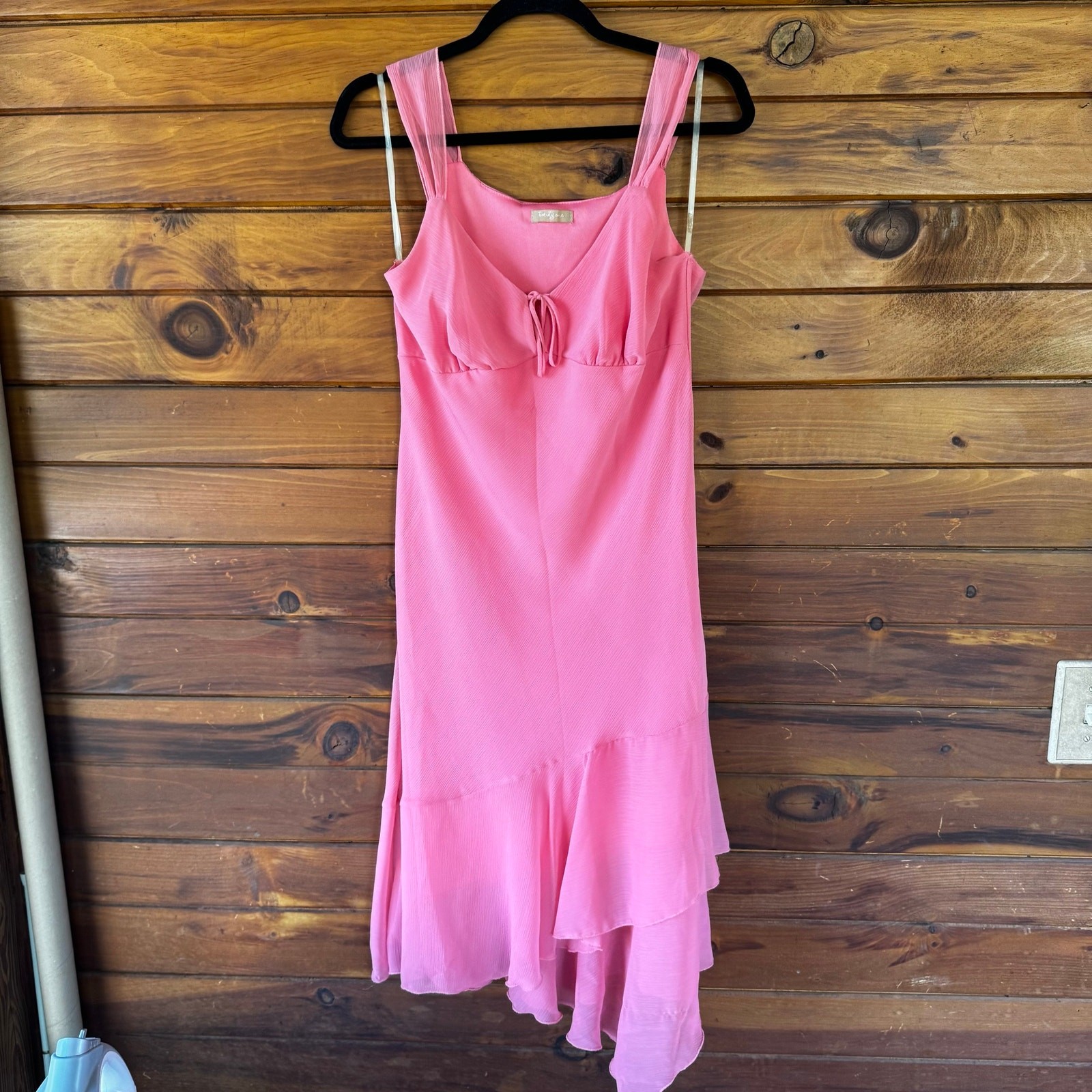 VTG 90s Y2K Pink Chiffon Coquette Fairy Milkmaid Asymmetric Dress Size Large