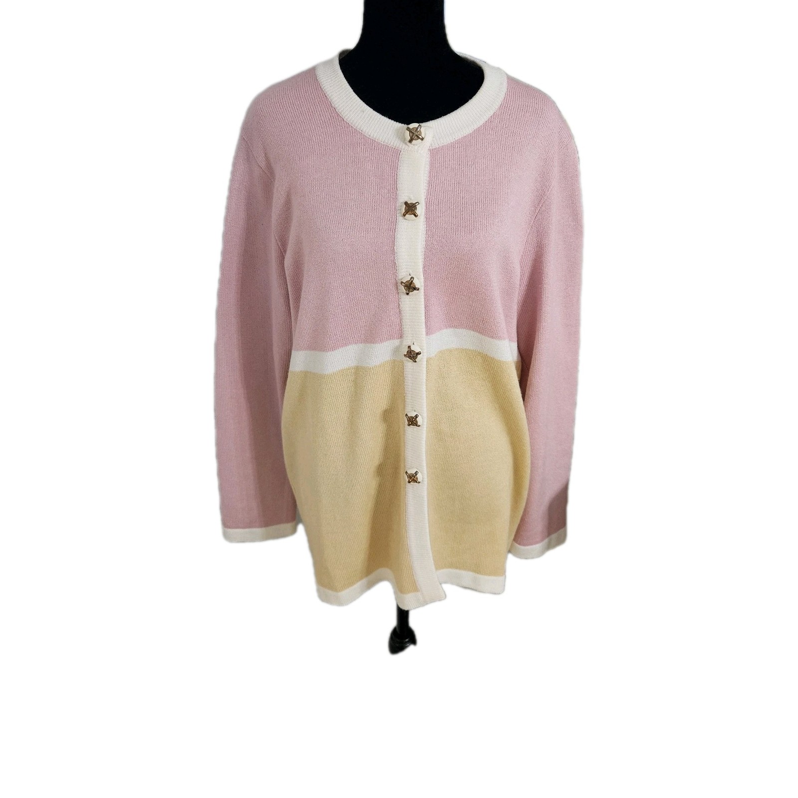Vintage 80s Spiegel Colorblock Cardigan Sweater Pink Yellow Creme Large Granny