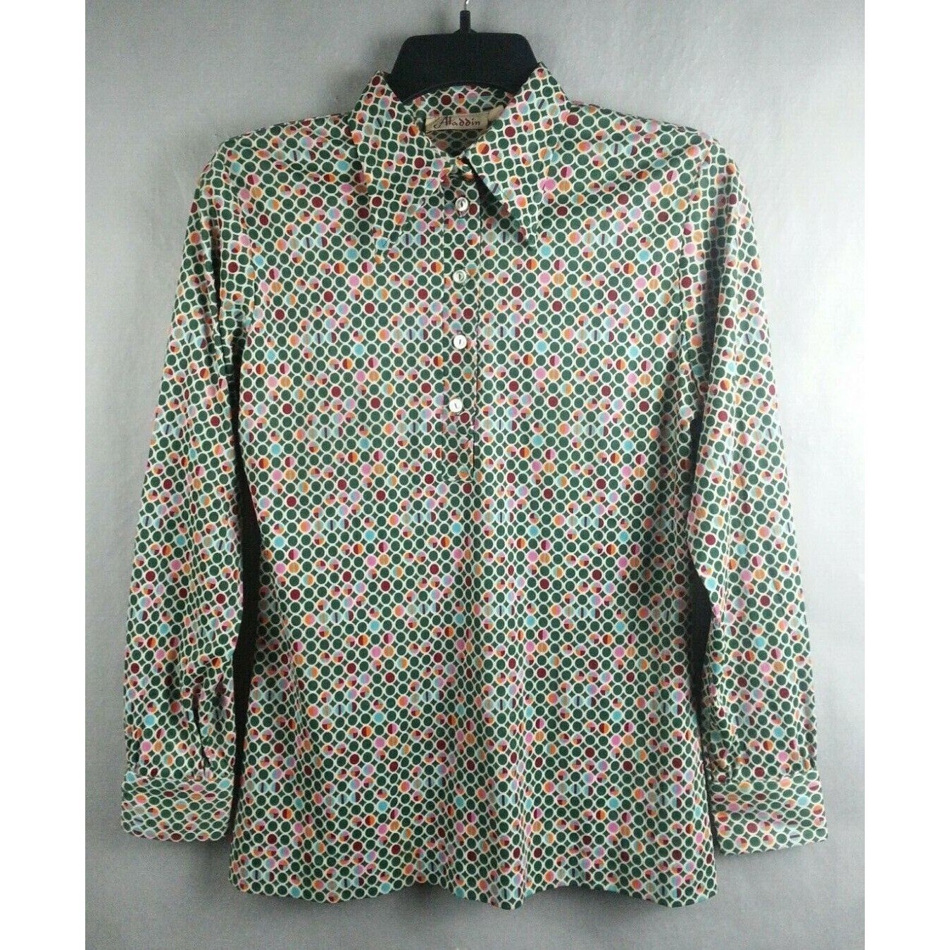 Vintage 1970’s Blouse Geometric Aladdin Long Sleeve Top Size 10 Green Circle