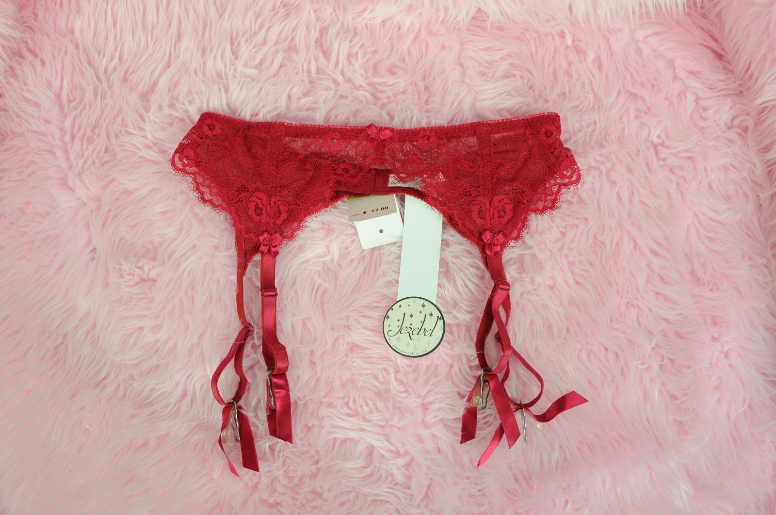 JEZEBEL CHRISTMAS NEW RED French Lace Metal Clip Garter Belt sz M/L GIFT