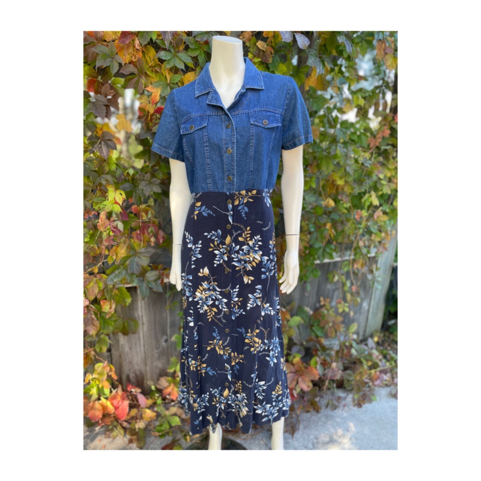 Vintage 90s Shirtdress Denim Rayon Cotton Floral Prairie Western Sz 12