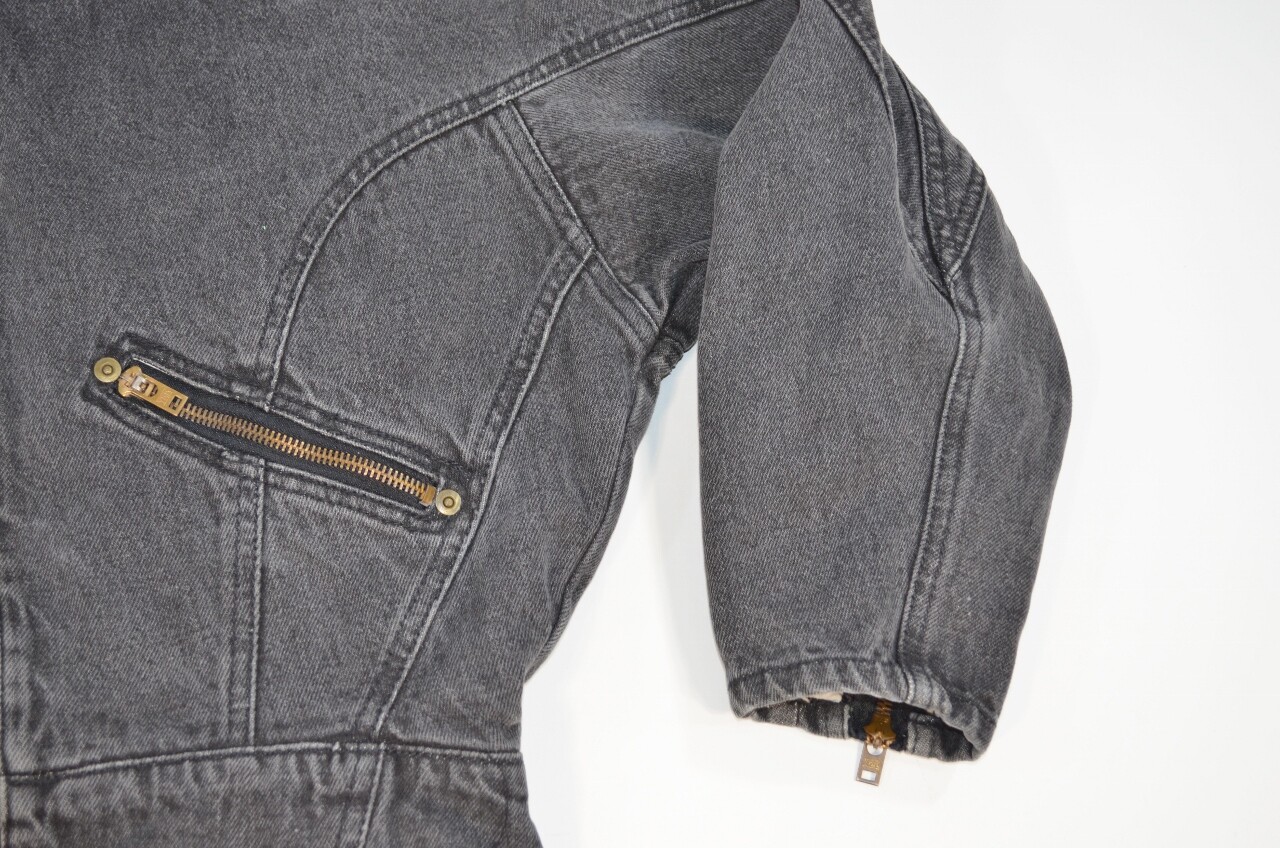VTG 80s 90s Oxygen Denim Jacket Grey Full Zip Bat Sleeve Back Waist Elastic S