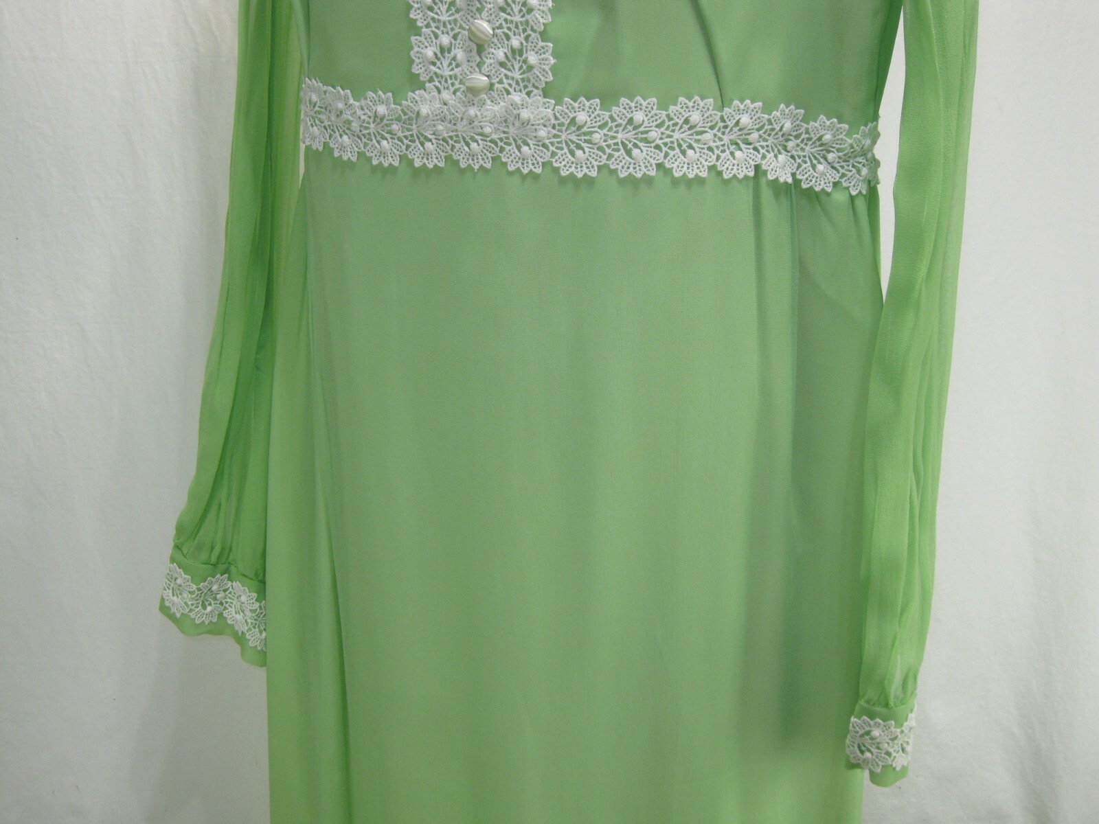 Vtg 60s 70s MOD Green MAXI PROM DRESS Chiffon BOHO Bishop Sleeves EMPIRE Sz 8