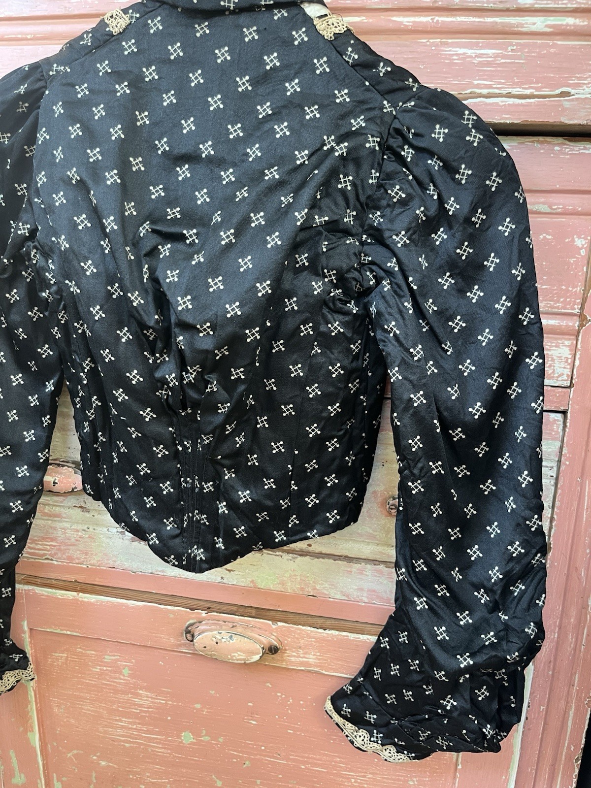 1800s Antique Victorian Edwardian Black Silk Bodice Corset Blouse Top XXS