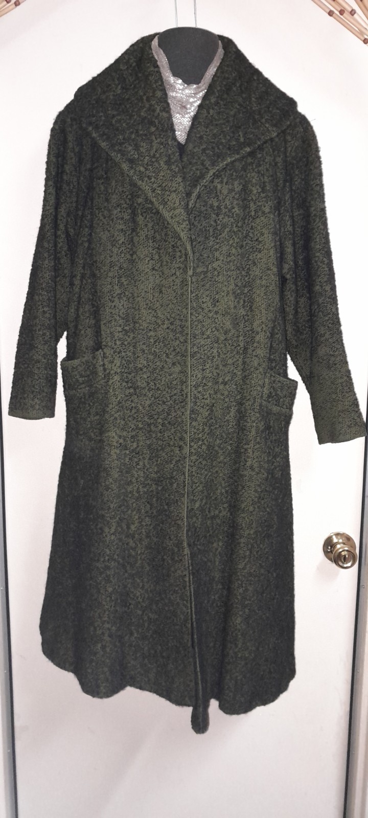 Vtg 50s 60s Green Tweed Knob Black Flecked Swing Opera Wool Shawl Collar Coat M