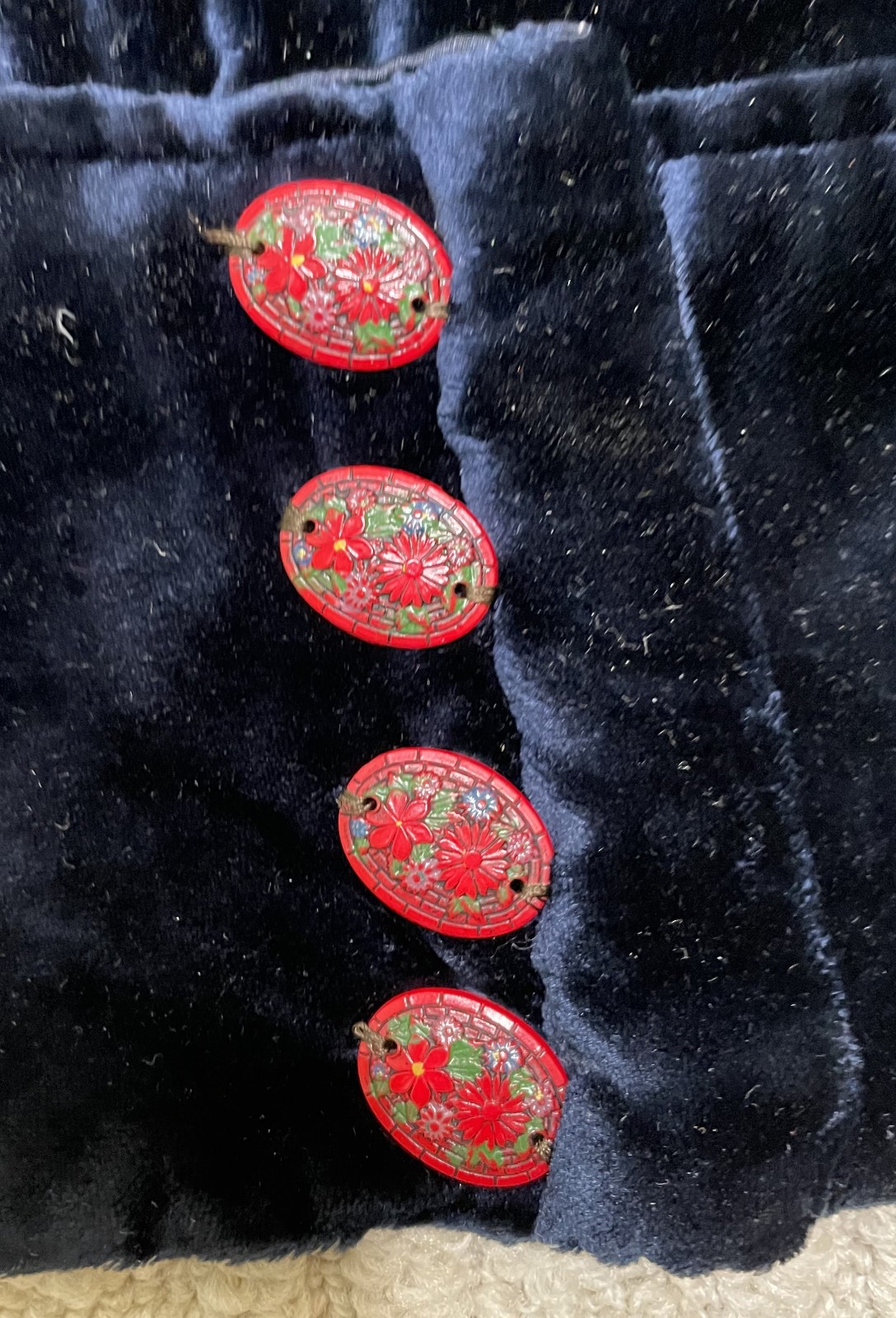 Antique 20s Art Deco Navy Blue Velvet Jacket S M Beaded Trim Button Detail