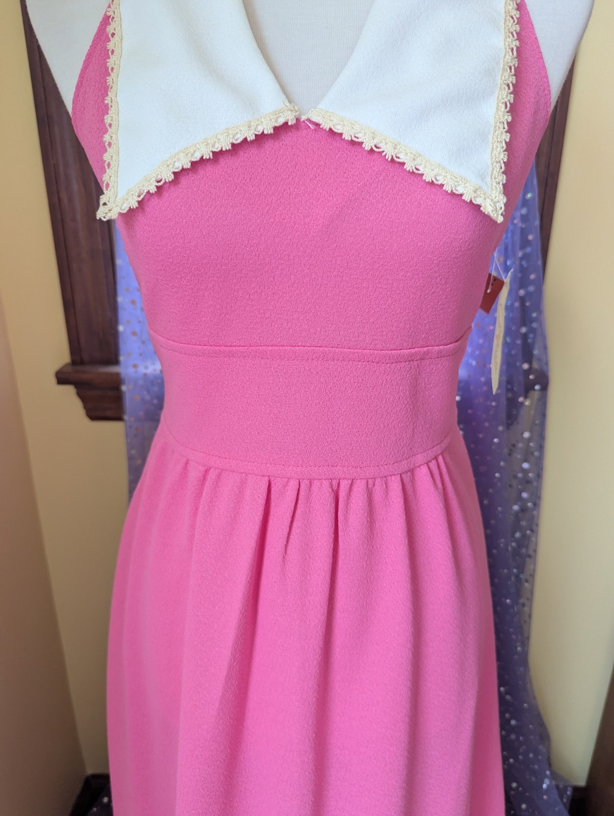 Vintage 70’s Joni Blair Of California Pink Dagger Collar Polyester Maxi Dress S