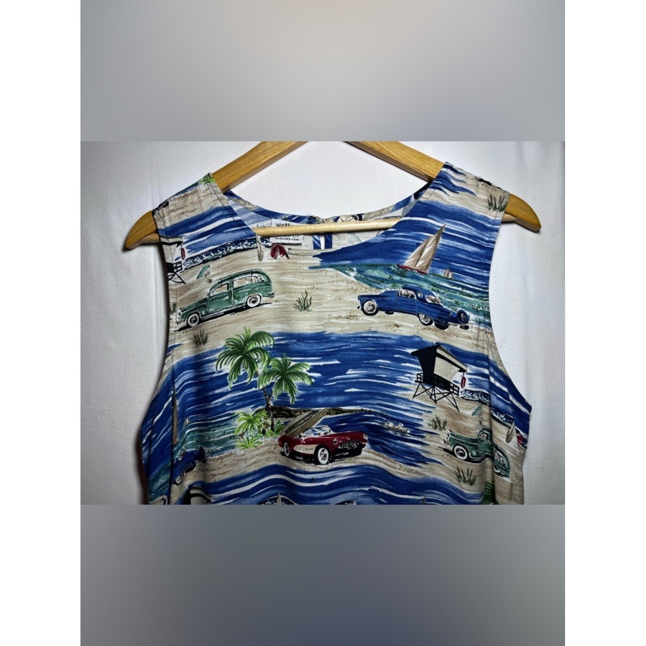 Vintage Weekend Clothes Line Beach Print Mini Dress XL Coastal Retro Vacation
