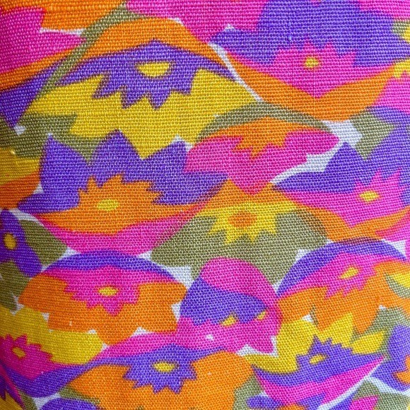 Vintage 60s Woven Linen Psychedelic Flower Power Fitted Dress
