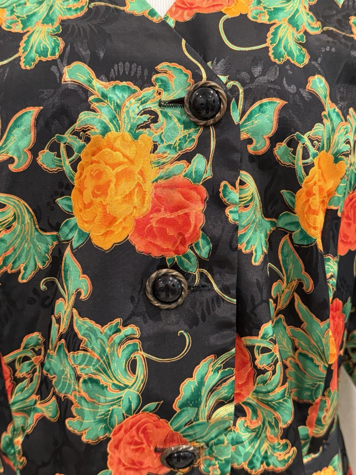 Vintage D.L. Originals Floral Peplum Blouse Black Rose Button Blazer Bow Large