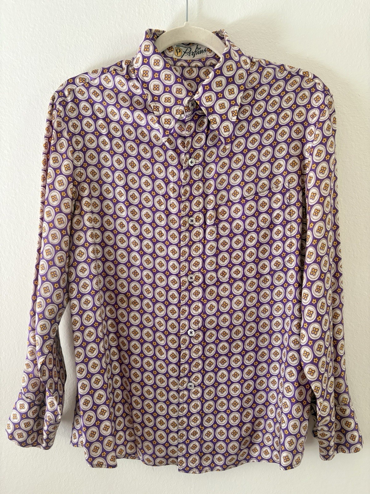 Vintage 1960s Pat Perkins Medallion Print Long Sleeve Button Down Women’s Top