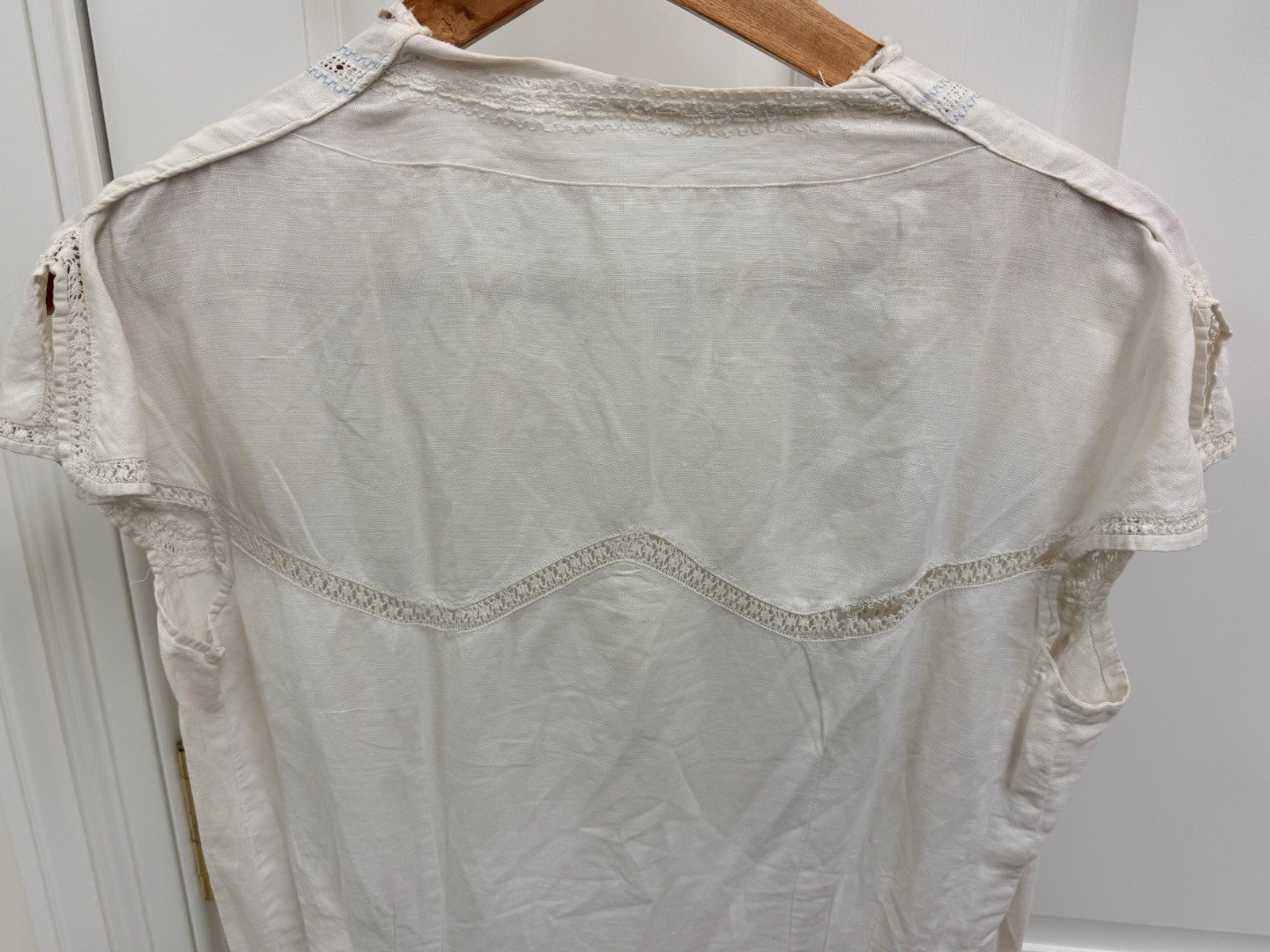 1920’s Antique Hand Embroidered Linen Chevron Lace Cottagecore Cream Lawn Dress