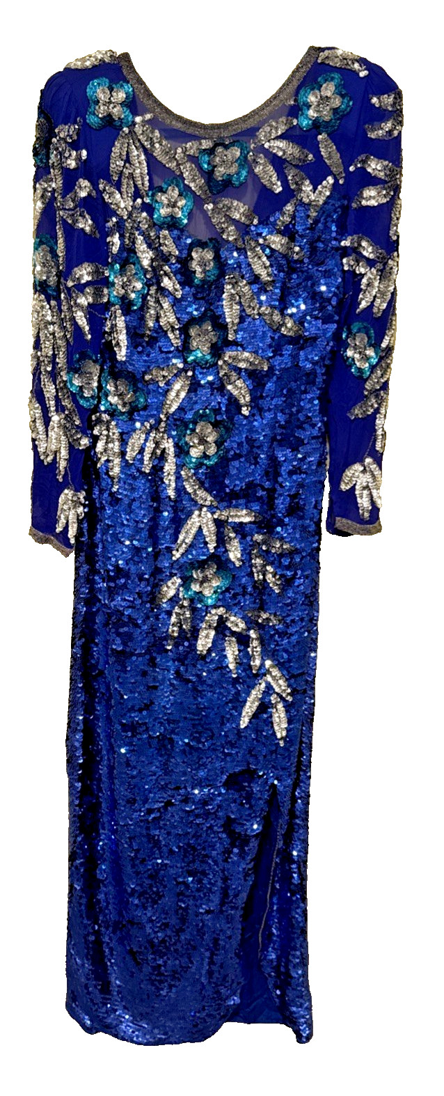 Vintage Cobalt Blue Silk Silver Sequined Evening Gown By Nite Line Size 8