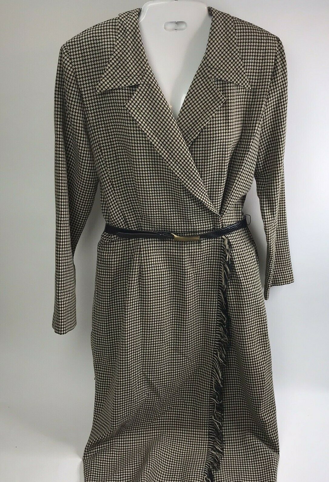 Vintage Dress EXPO Mod 10 MCM Plaid Houndstooth Checked Wrap fringe belted