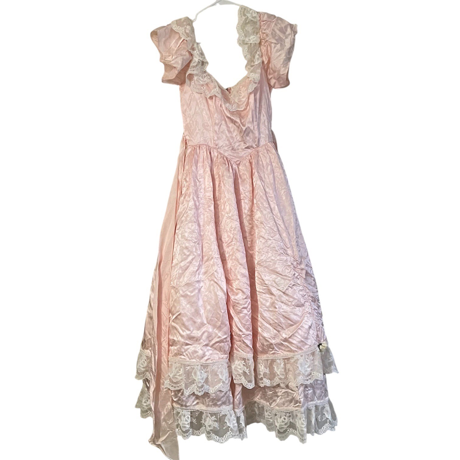 Vintage Zum Zum Pink Lace Floral Jacquard Gown 80s Prom Dress ILGWU SMALL