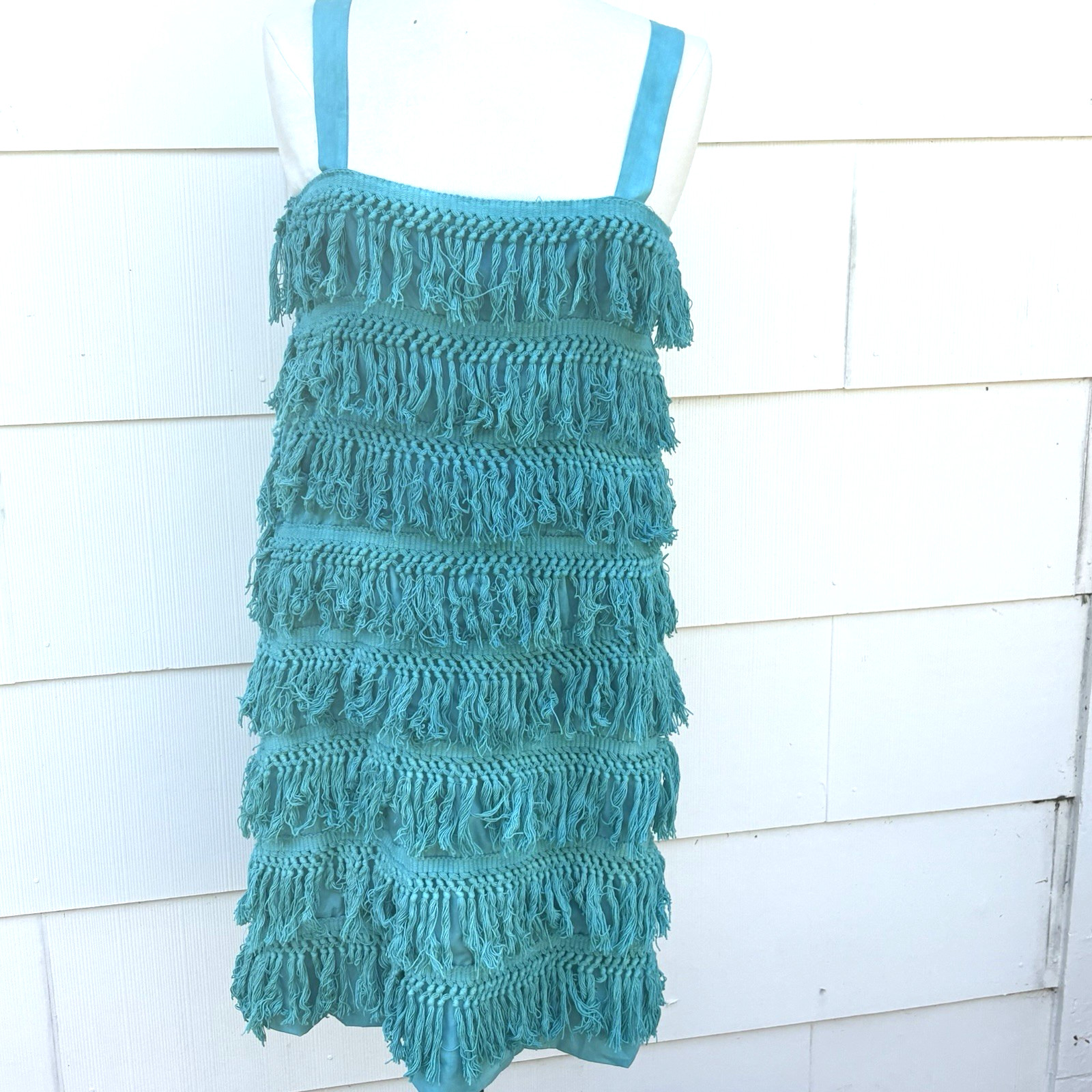 Handmade Vtg 70s Turquoise Fringe Flapper Dress Boho Disco Costume Great Gatsby