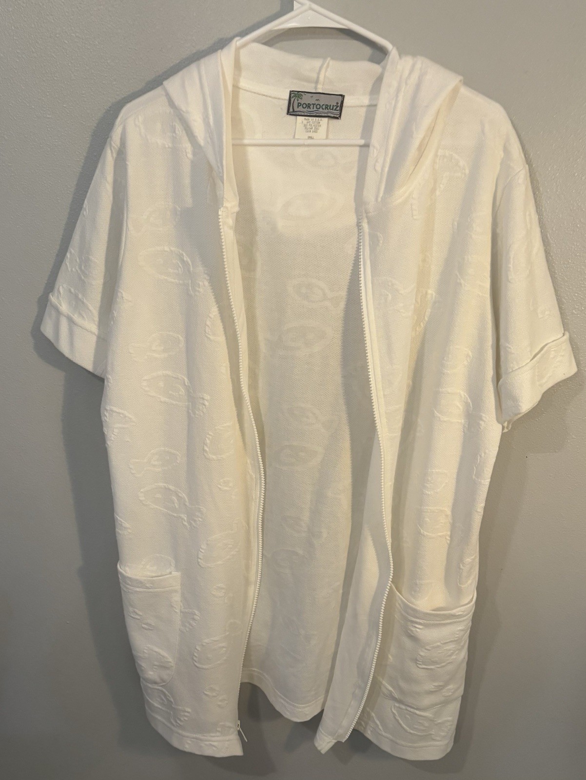 Portocruz White Full Zip Hooded Hoodie w/ Pockets Short Sleeve Women’s S