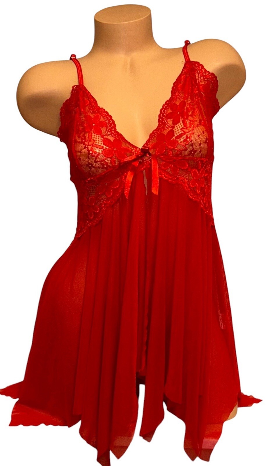 Vintage Red Shiny Sheer Peek A Boo Front Lace Nightie Womens XL NOS