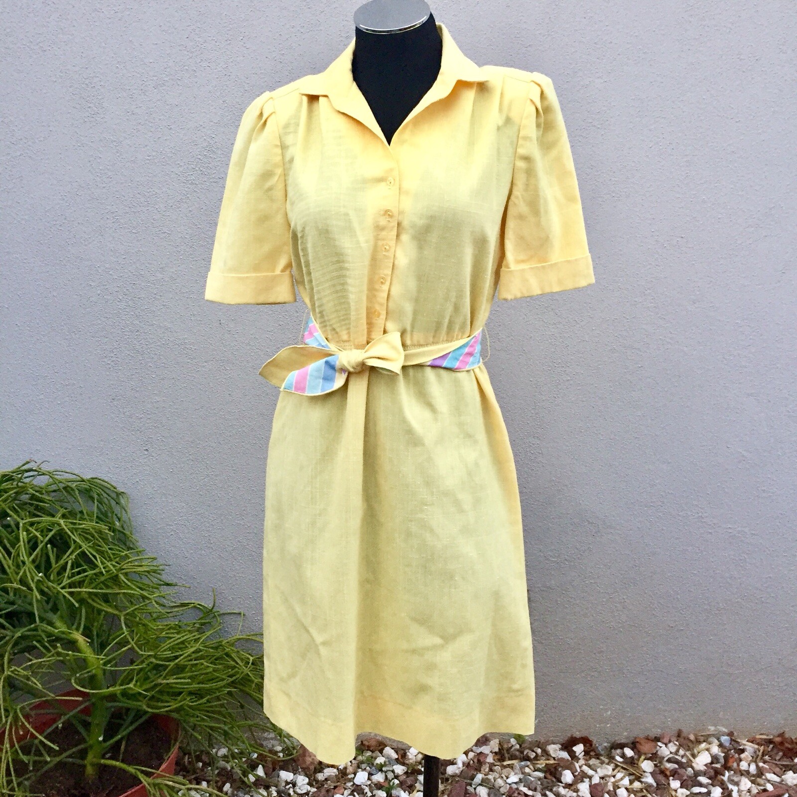 Vtg 70s Yellow A-Line Collared Shirt Dress Working Girl Cuffed Sleeve Size 8
