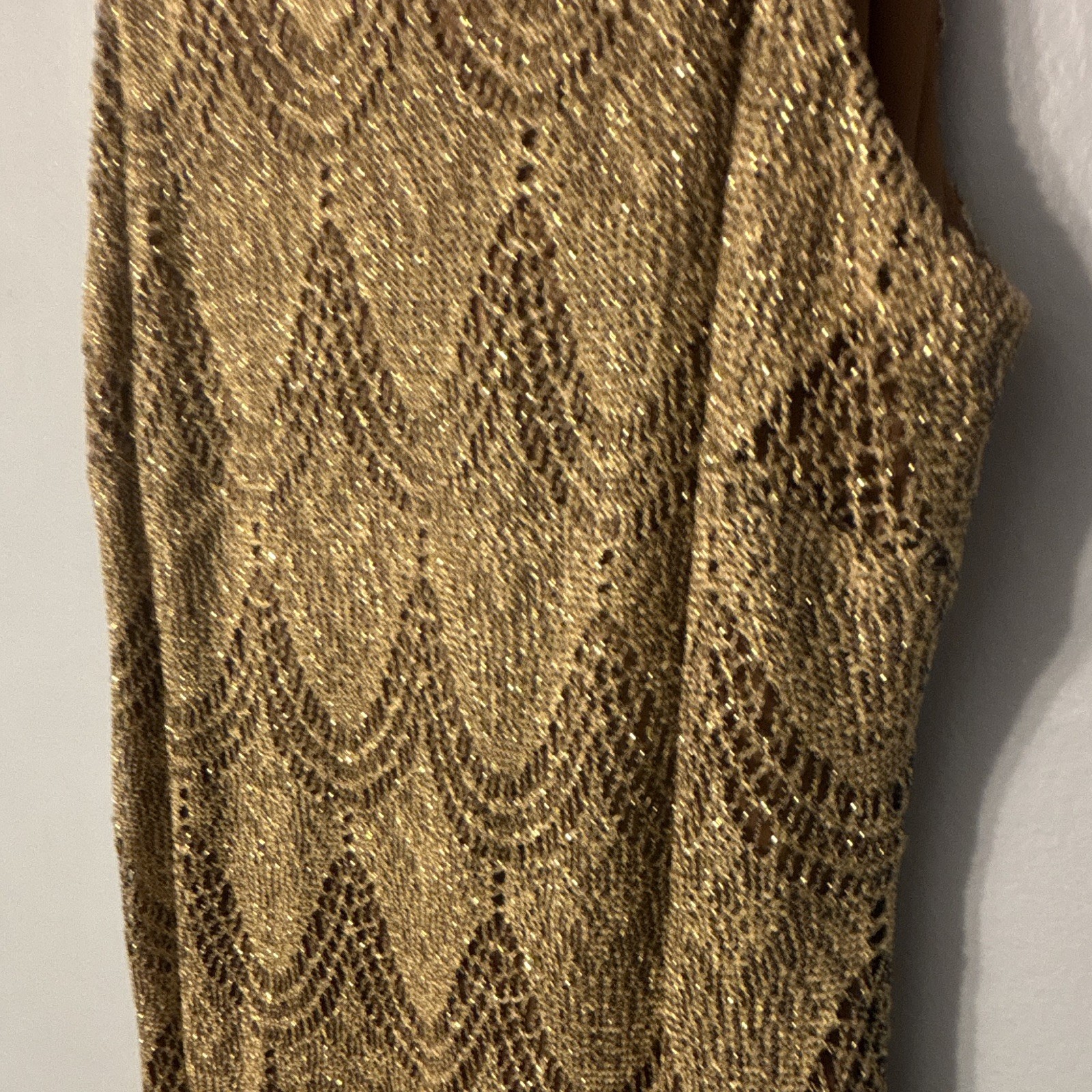 Vintage S. L. Fashions Gold Metallic Lace Shift Fringe Hem Knee Dress Size 6