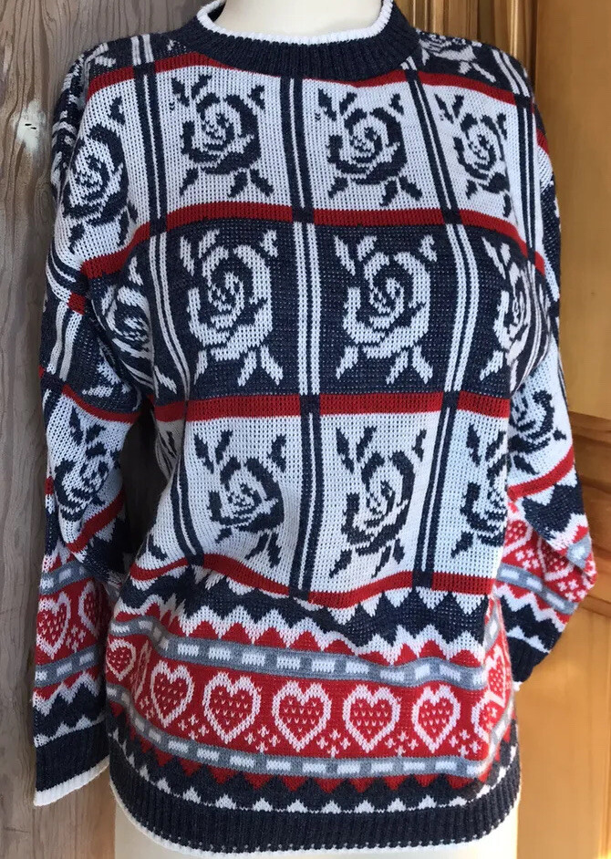 Vintage HOT CASHEWS Acrylic Sweater CottageCore Roses Hearts 80s 90s Granny EUC