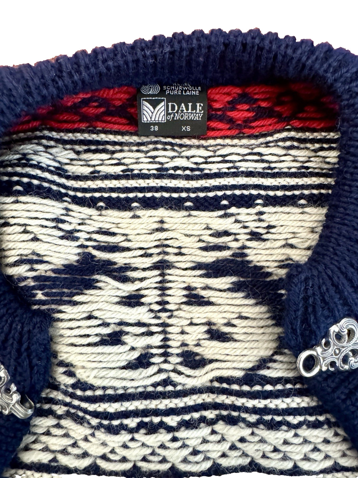 Vtg DALE of NORWAY Nordic SWEATER 100% Wool 1970s Sz 38 S Buckles CARDIGAN Cabin