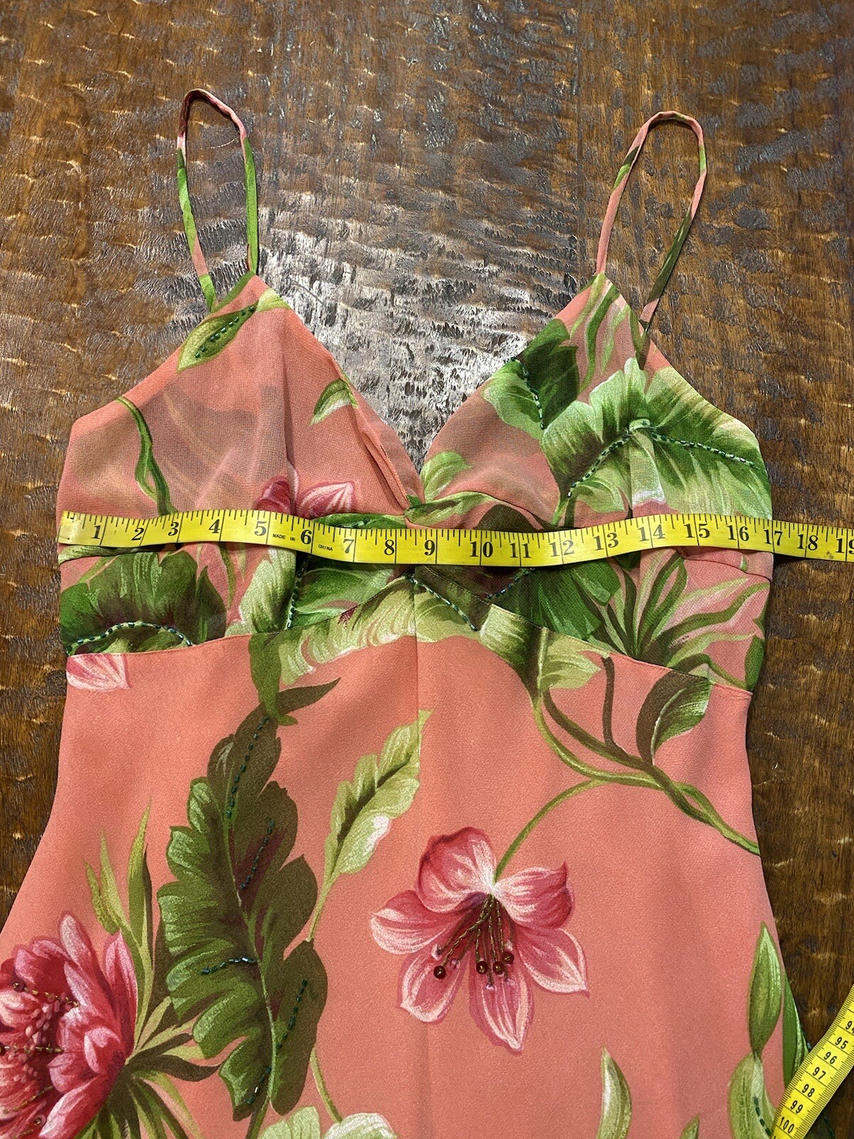 80s Vintage Pink Floral Rag Beaded Sleeveless Dress XL
