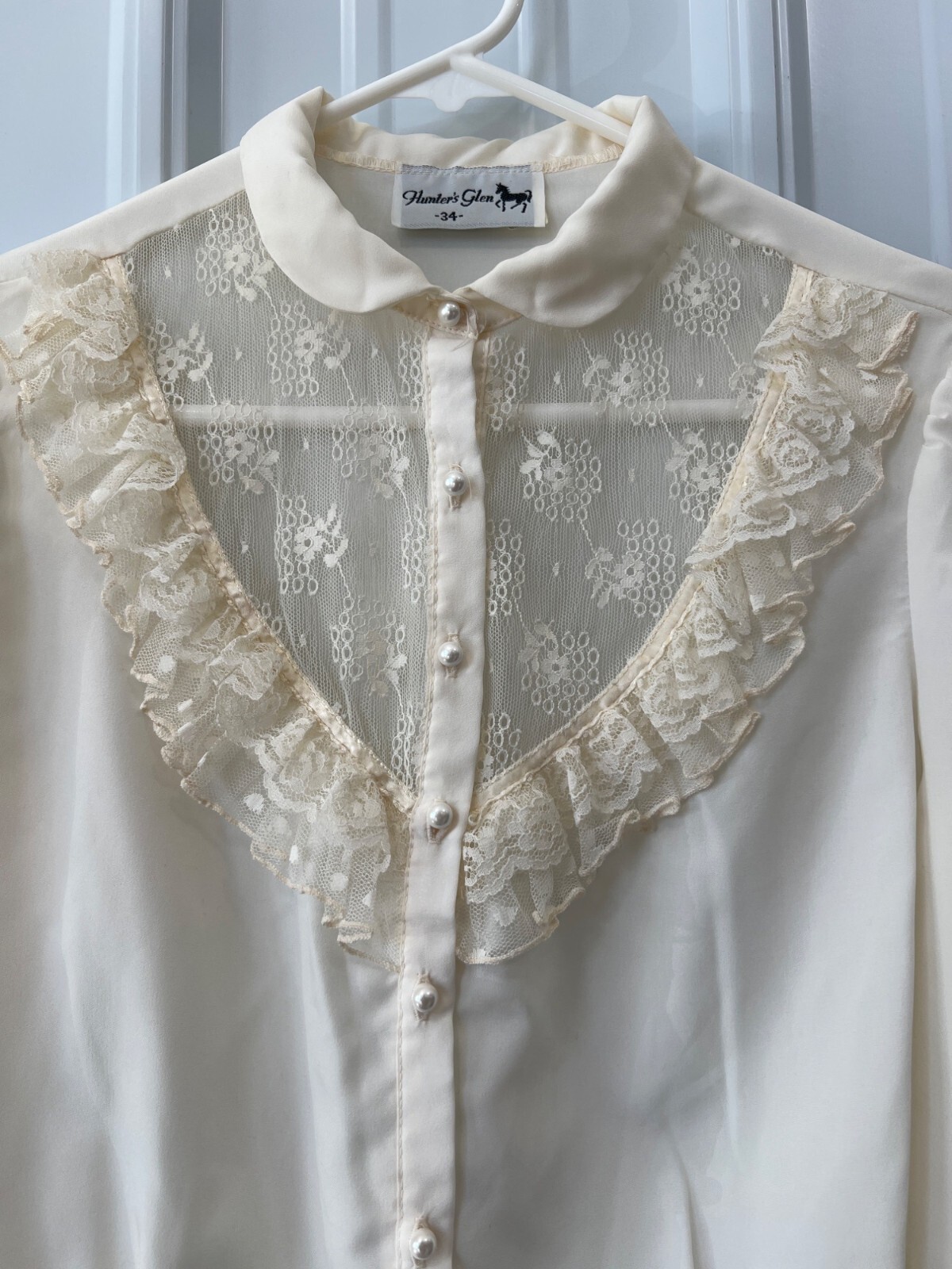 Vintage 70s Hunters Glen Button Front Blouse Womens M Lace Trim Cream Victorian