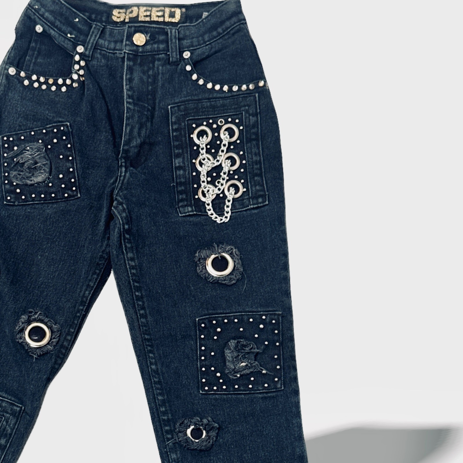 Y2K Embellished Jeans Studded Patched Denim Vintage 90s Speed Grungecore SZ 8