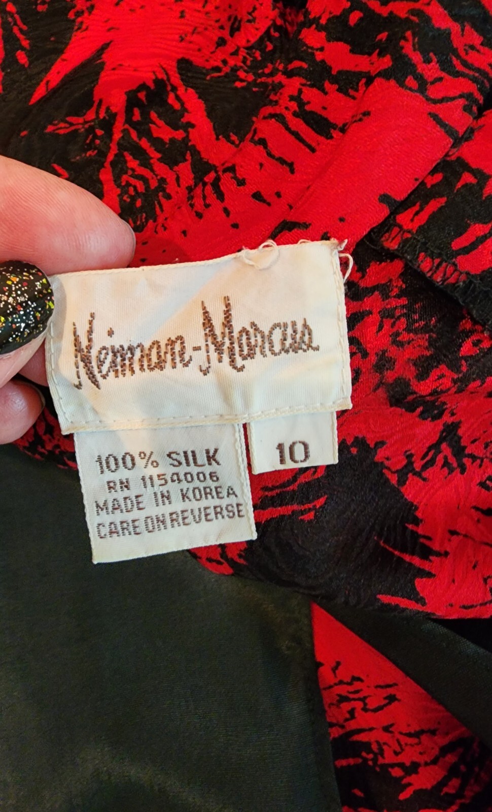 Nieman Marcus VTG Red/Black Abstract Print Dropped Waist Silk Dress Size 10