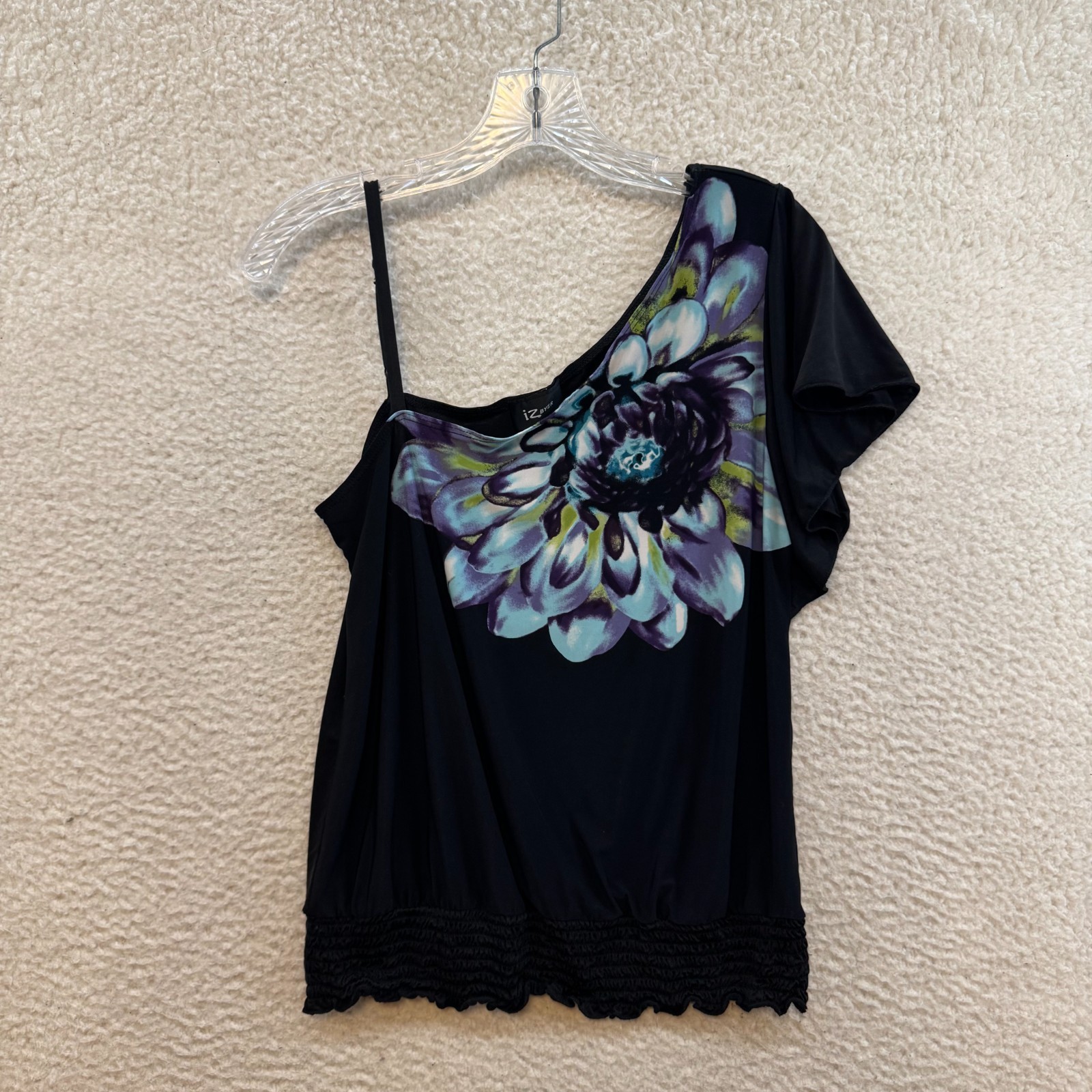 Y2K Vintage One Shoulder Top Medium Black Slinky Stretch Floral McBling Bimbo