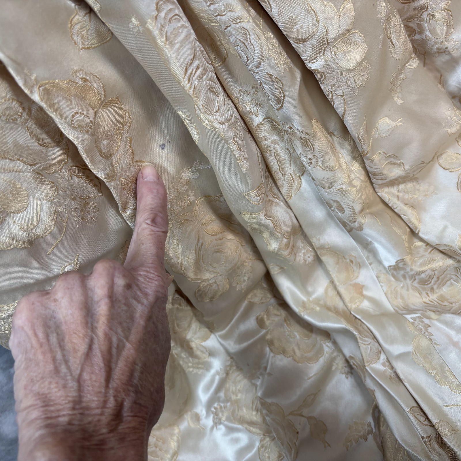 1950s Vtg Satin Brocade Formal Gown XS Champagne Rosette Waist Hand Made