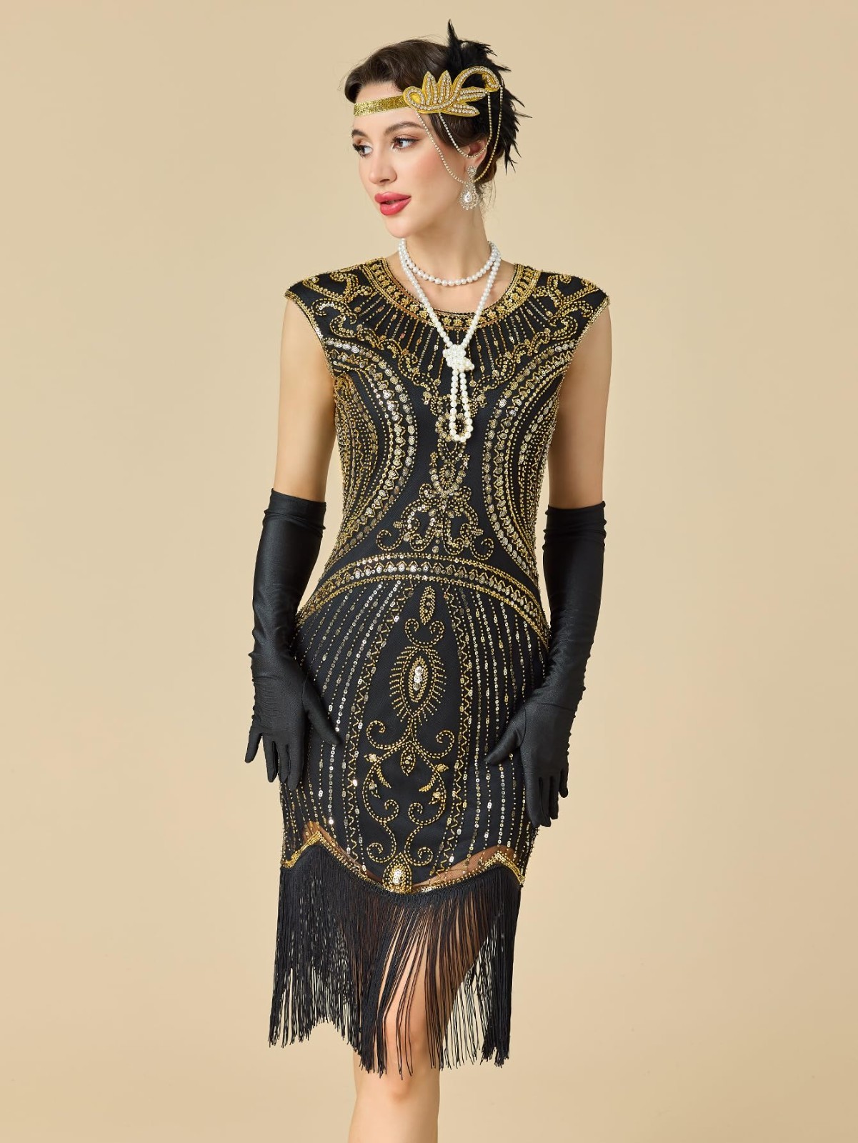1920s Women’s Flapper Dress Great Gatsby Sequin Fringed Cocktail Outfit + Access