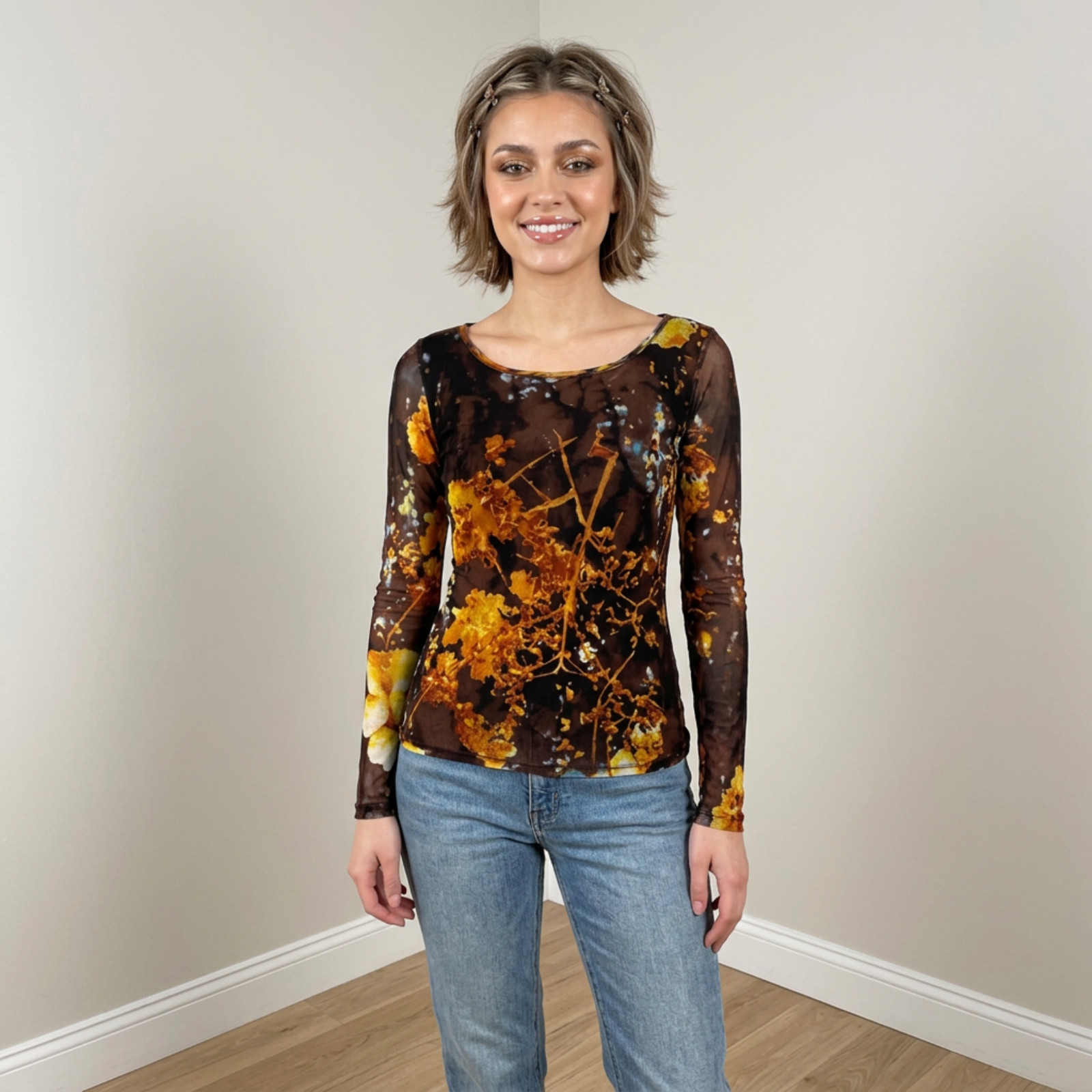 Vtg Y2k Vivienne Tam Micromesh Grunge Club Black Floral Shirt women’s xs