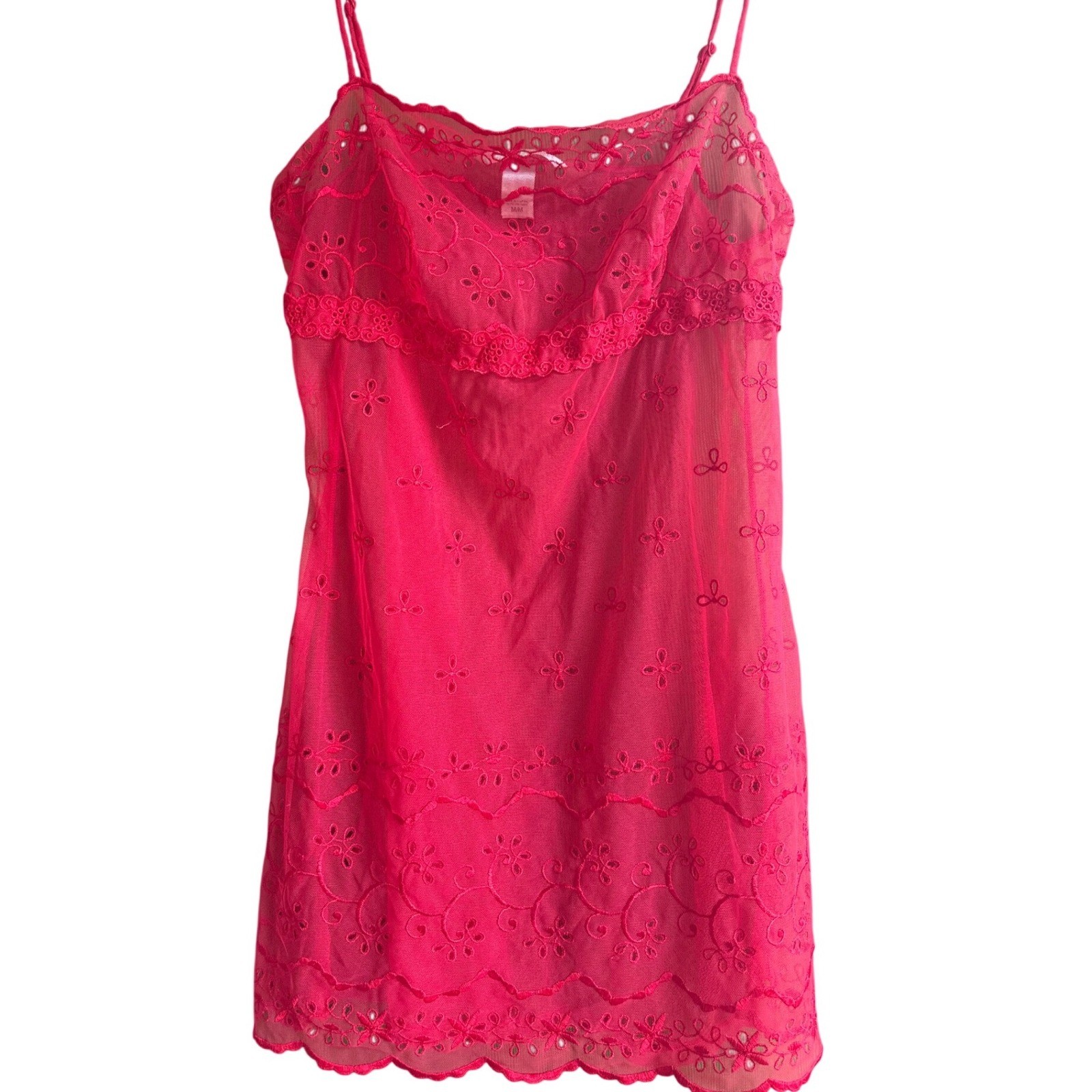 Victorias Secret Womens Sheer Babydoll Slip Dress Red Eyelet Lace Sz M Coquette